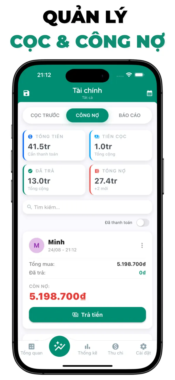 Cân Nông trên iPhone: quản lý cọc và công nợ