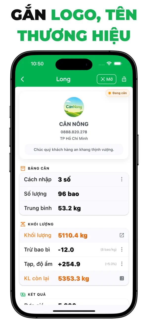 Cân Nông: Quản Lý Vựa trên iPhone: gắn logo và tên thương hiệu