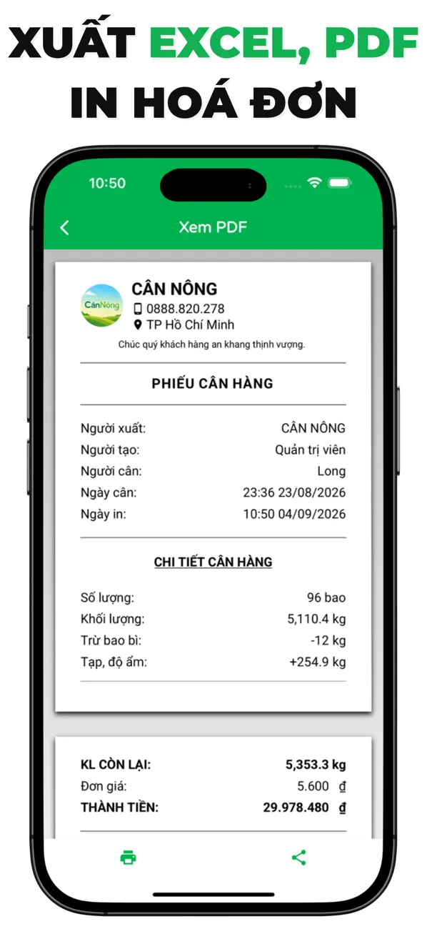 Cân Nông: Quản Lý Vựa trên iPhone: xuất excel, pdf và in hóa đơn